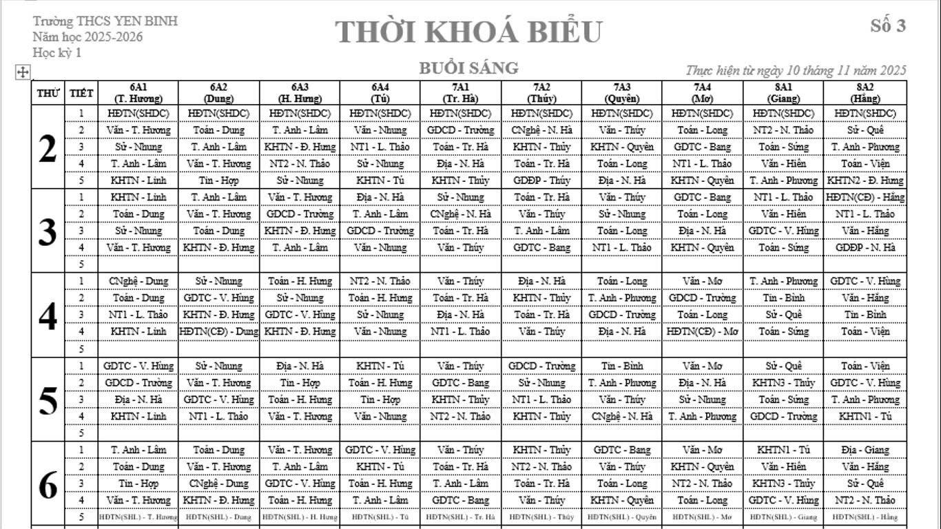 THỜI KHÓA BIỂU